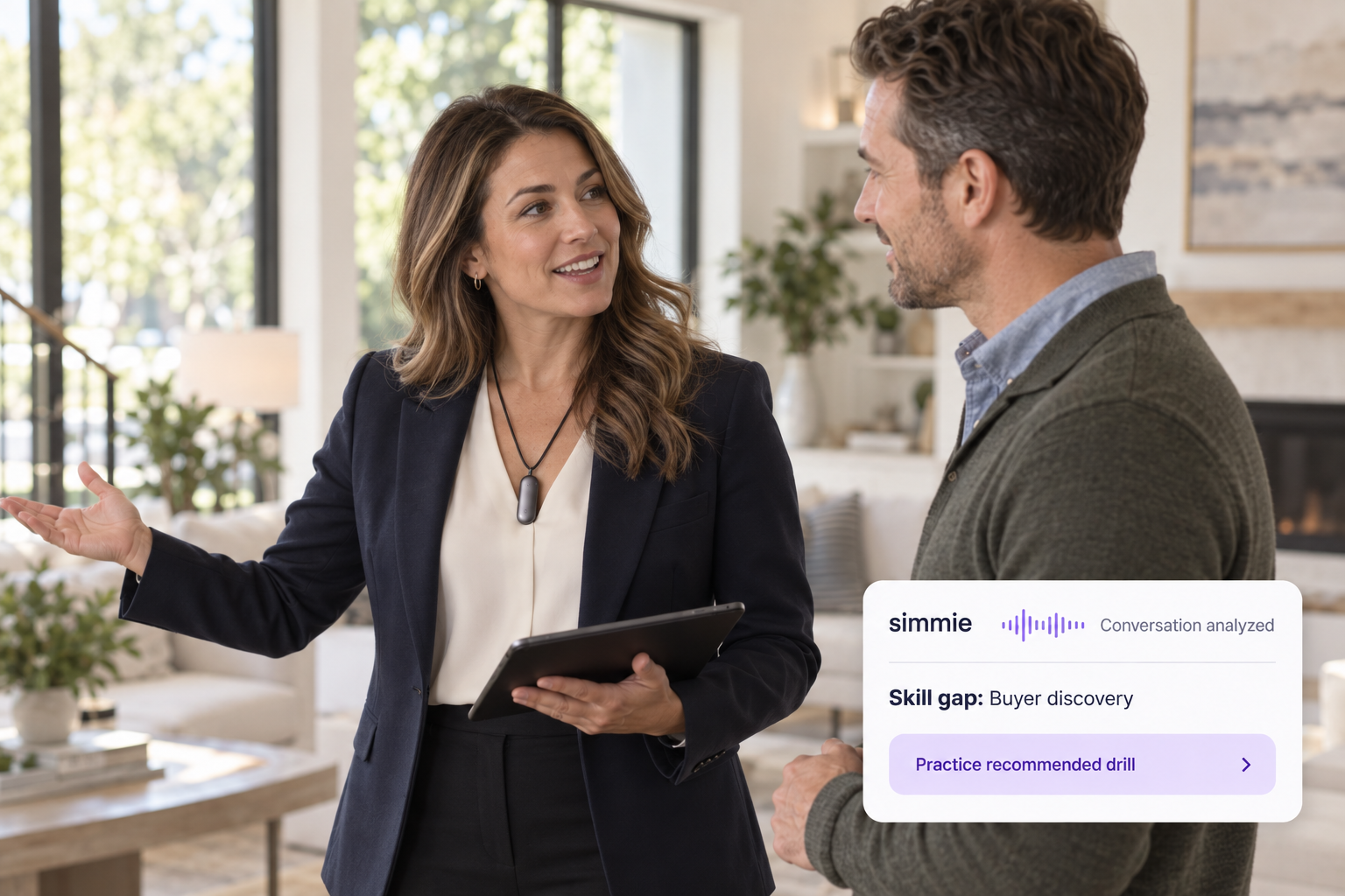 Real estate agent speaking with a prospective buyer while Simmie analyzes the conversation and recommends a buyer discovery practice drill