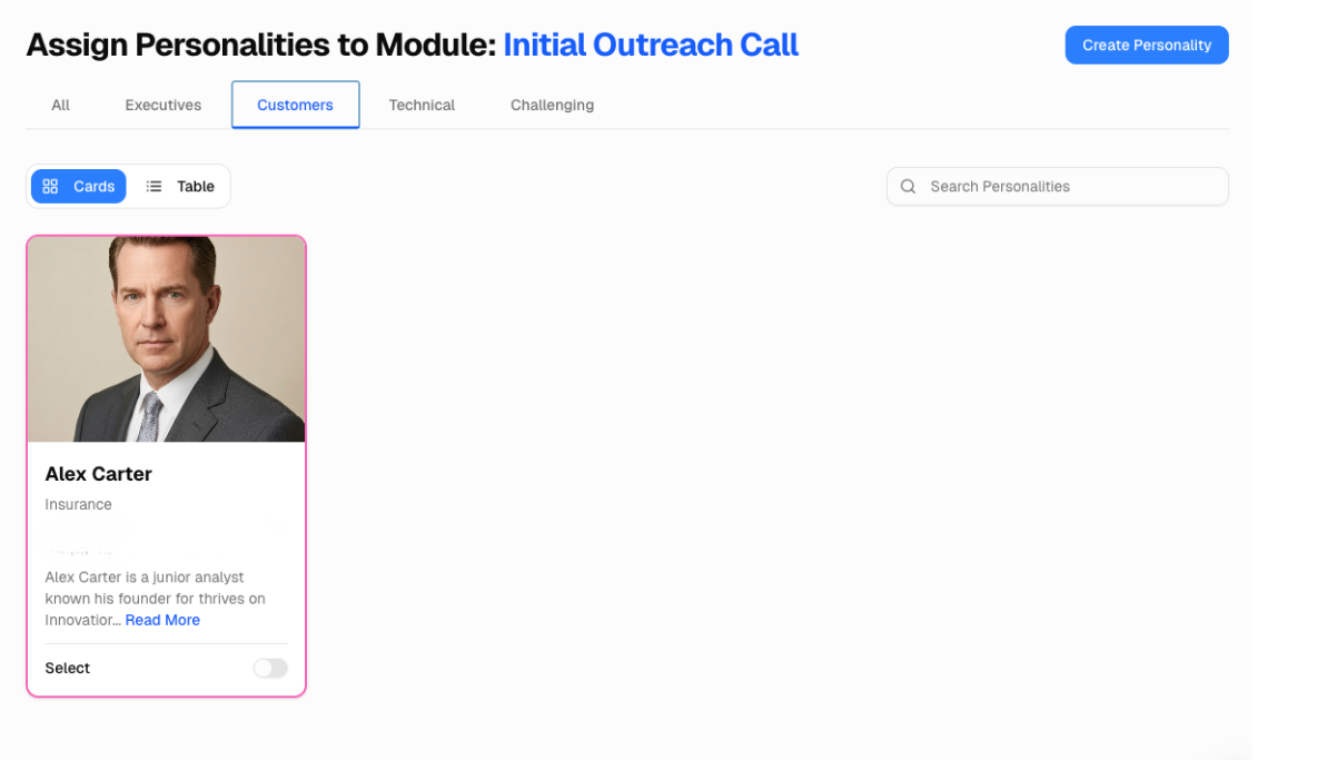 Assign personalities to training modules - showing Alex Carter personality card for Initial Outreach Call