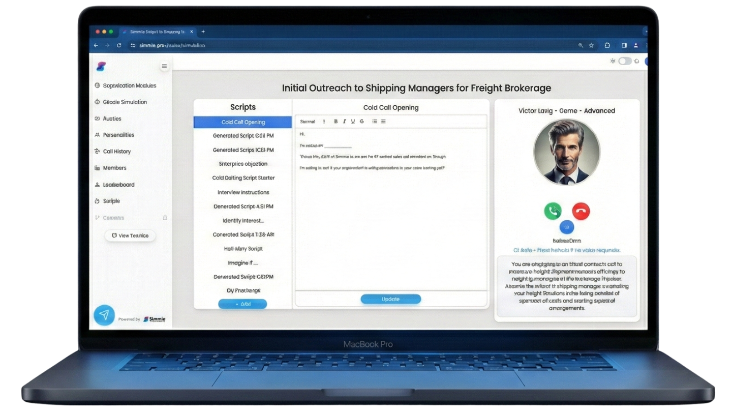 Screenshot of Simmie AI sales role play interface on laptop - Sales call simulator platform