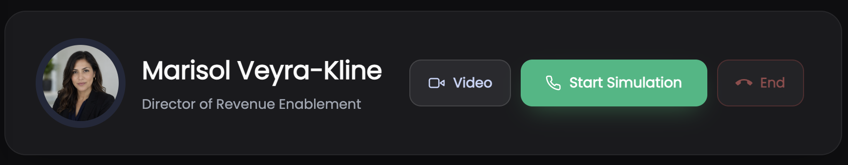 Simmie AI Sales Call Simulator live session header showing buyer persona Marisol Veyra-Kline, Director of Revenue Enablement, with Video, Start Simulation, and End call controls.