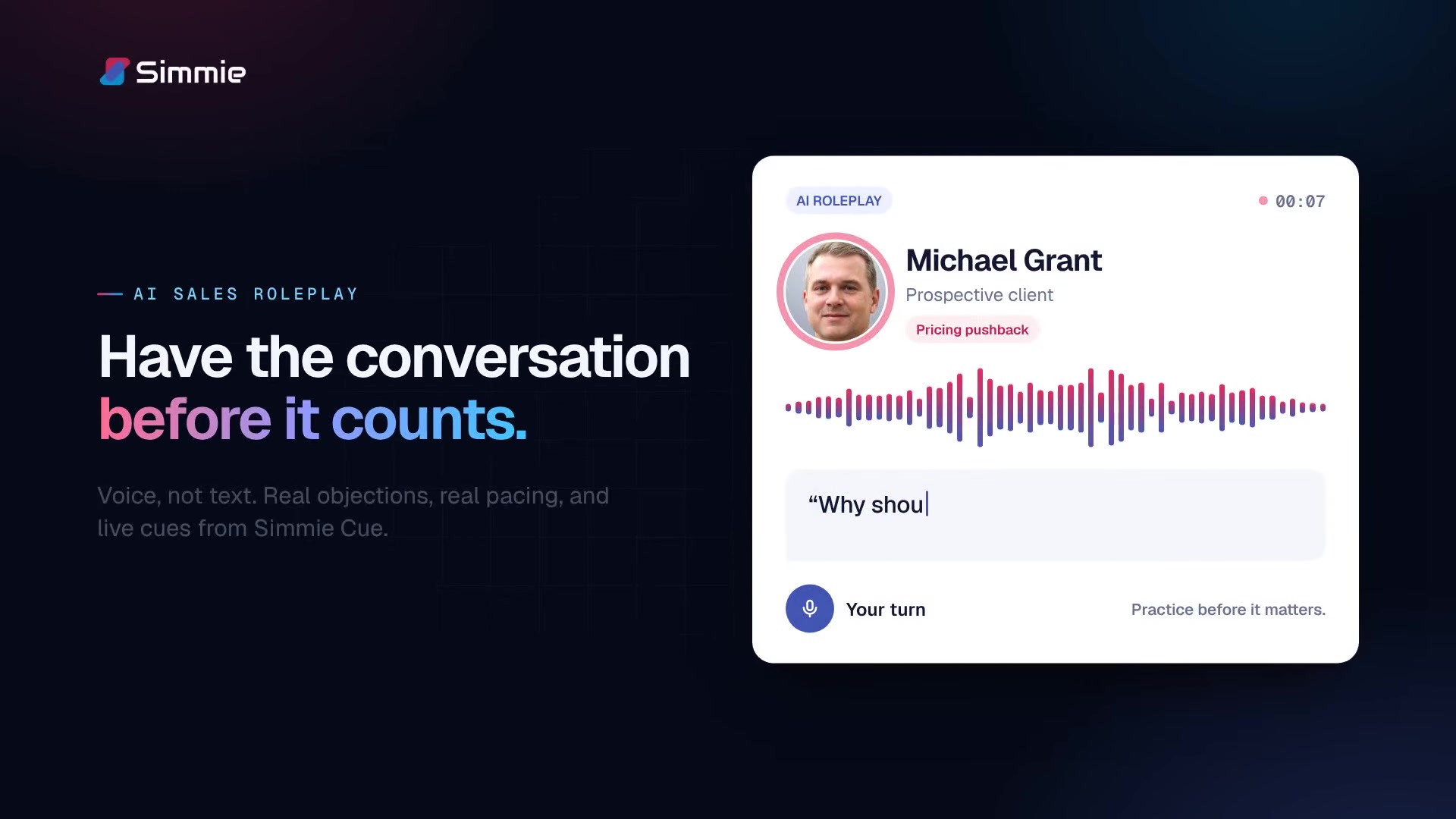 Simmie AI roleplay, call scoring, and coaching preview